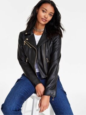 Guess Venom Moto Black Faux Leather Jacket with Gold Hardware - never worn